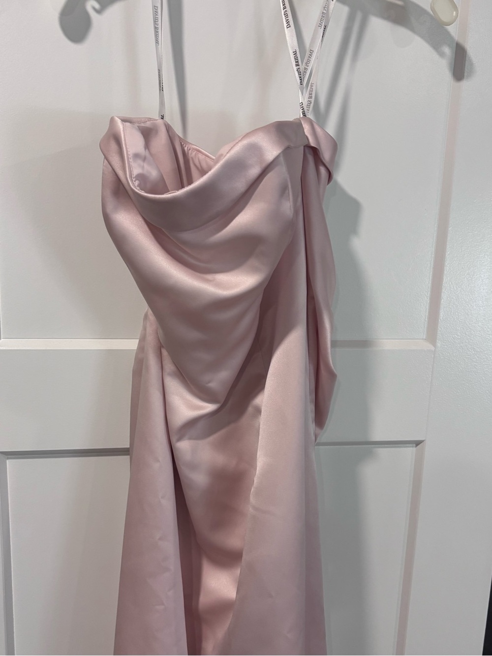 David's Bridal Soft Pink Satin Draped Strapless Gown